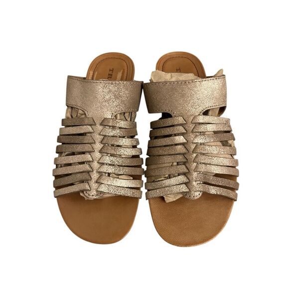 Trask Sandra Sandals sz 7 slip-on metallic gold comfy hand woven strap leather c - Picture 3 of 7